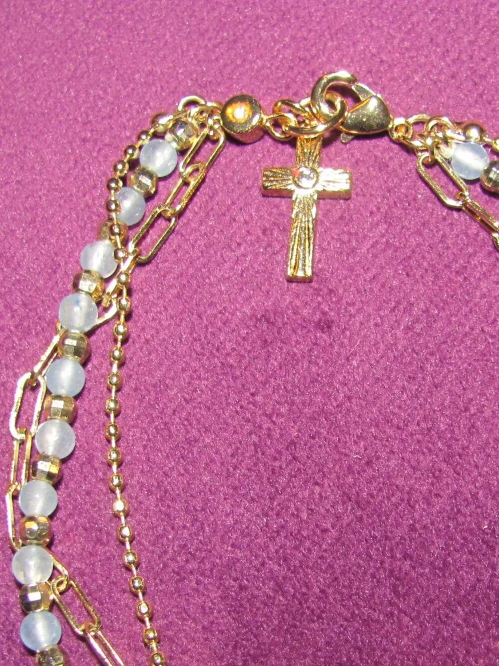 Love This Life Blue Quartz Bead Triple Strand Cross Bracelet